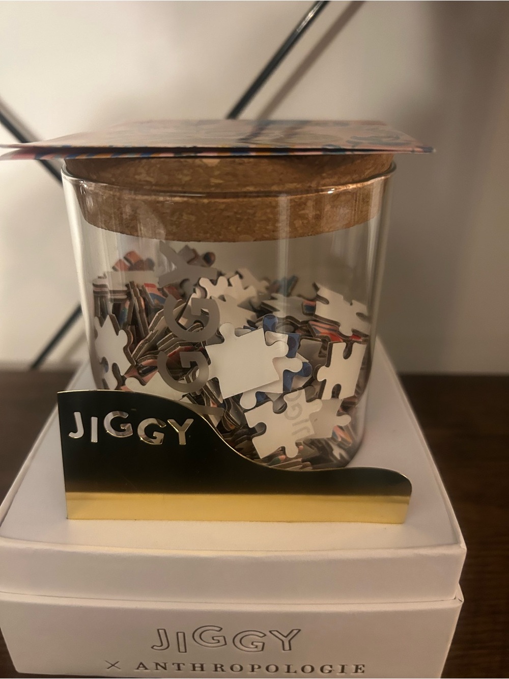 Jiggy Mini Puzzle Jar with Cork Lid - White, Brown, Gold